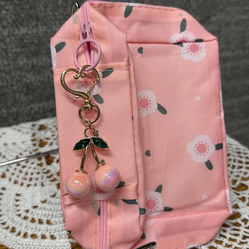Pink Iridescent Cherry Bag Charm Gold Heart Clasp Keychain Coquette Accessory
